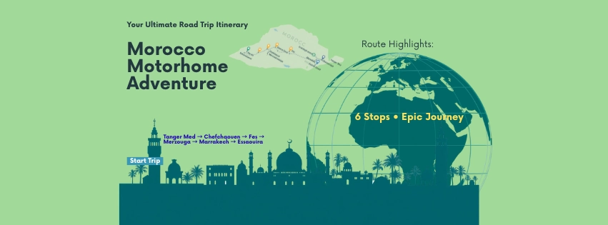 Morocco motorhome itinerary route map from Tanger Med to Chefchaouen Fes Merzouga Marrakech Essaouira