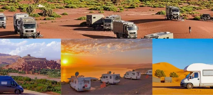 Morocco motorhome parked in the Sahara desert near Merzouga dunes at sunset