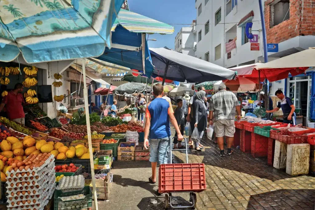 Moroccan souk market fresh vegetables and food for motorhome vanlife budget cooking
