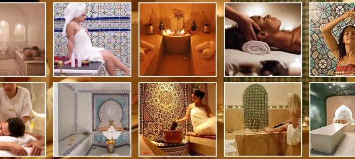 Hammam in Morocco traditional interior with zellige tiles brass lantern and marble floors