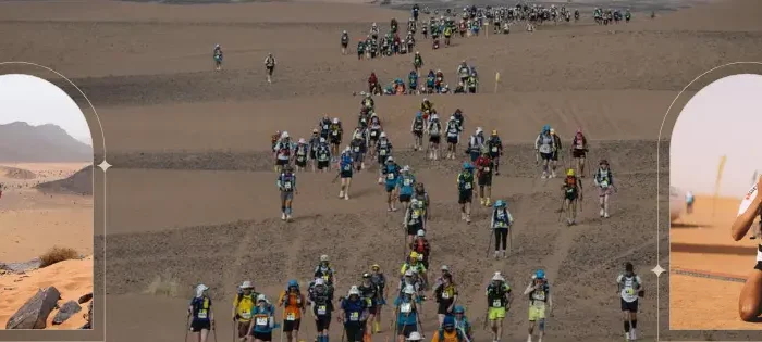 Runner crossing Sahara Desert sand dunes during Marathon des Sables 2026