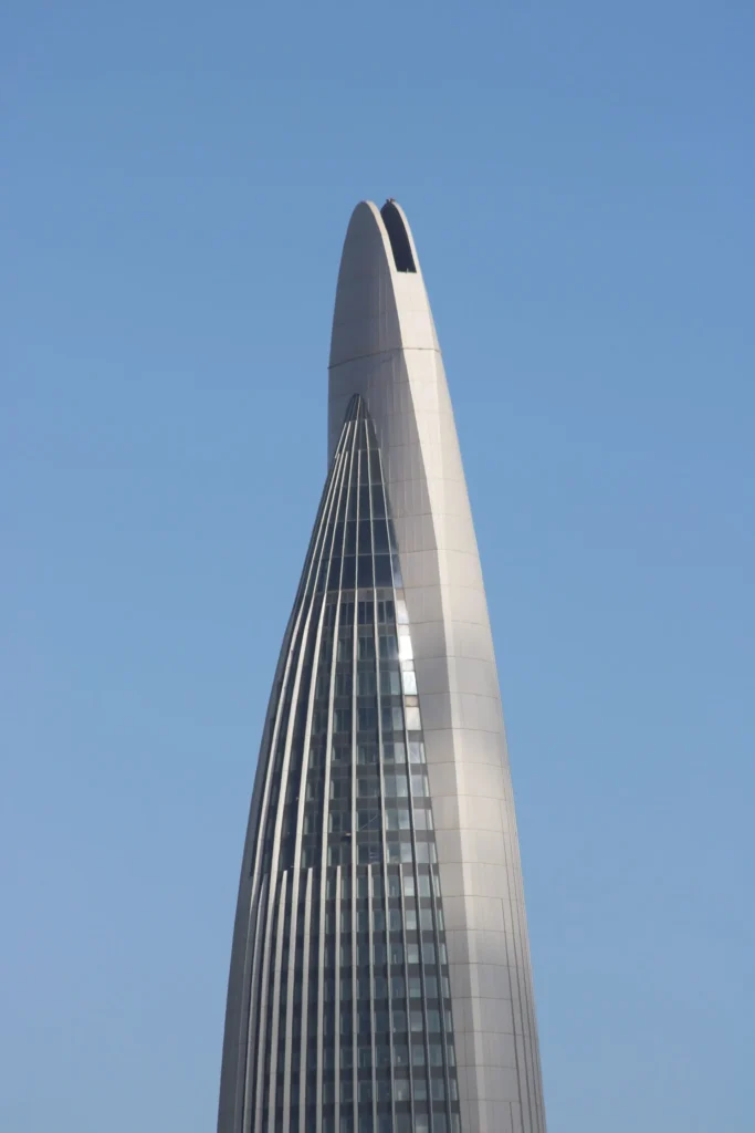 Close-up of the glass and aluminum facade design of Mohammed VI Tower
