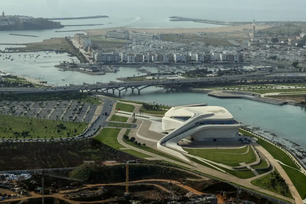 Panoramic view of Rabat and the Atlantic coastline from the Mohammed VI Tower observation deck