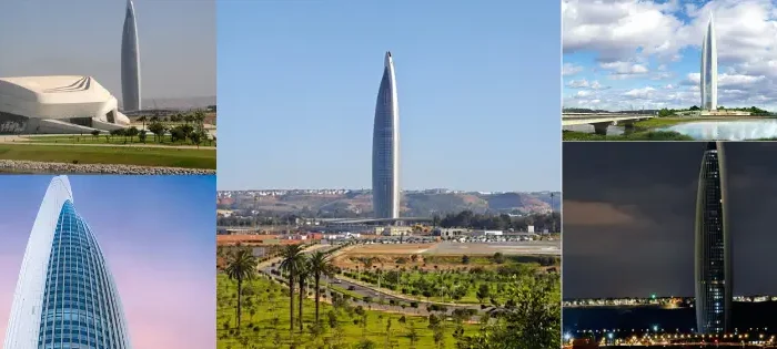 Low-angle view of Mohammed VI Tower Rabat towering above the Bouregreg River at sunset