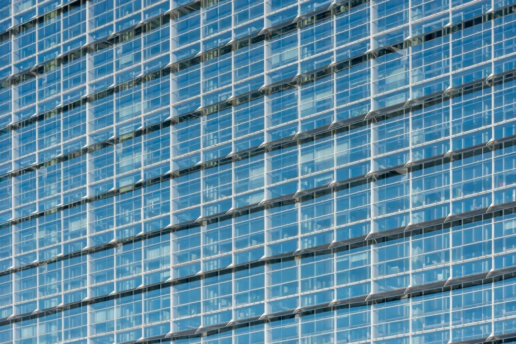 Solar panels and shading louvers on the south-facing facade of Mohammed VI Tower