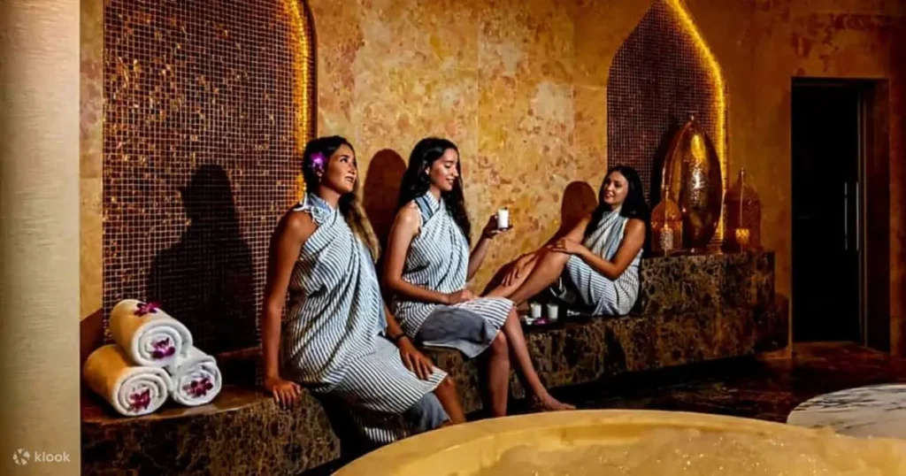 Moroccan hammam relaxation room with mint tea served after traditional wellness ritual