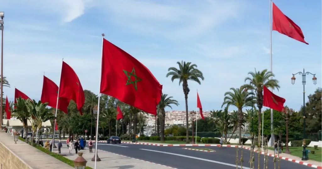 Moroccan streets decorated with flags during Fete du Trone Throne Day celebration