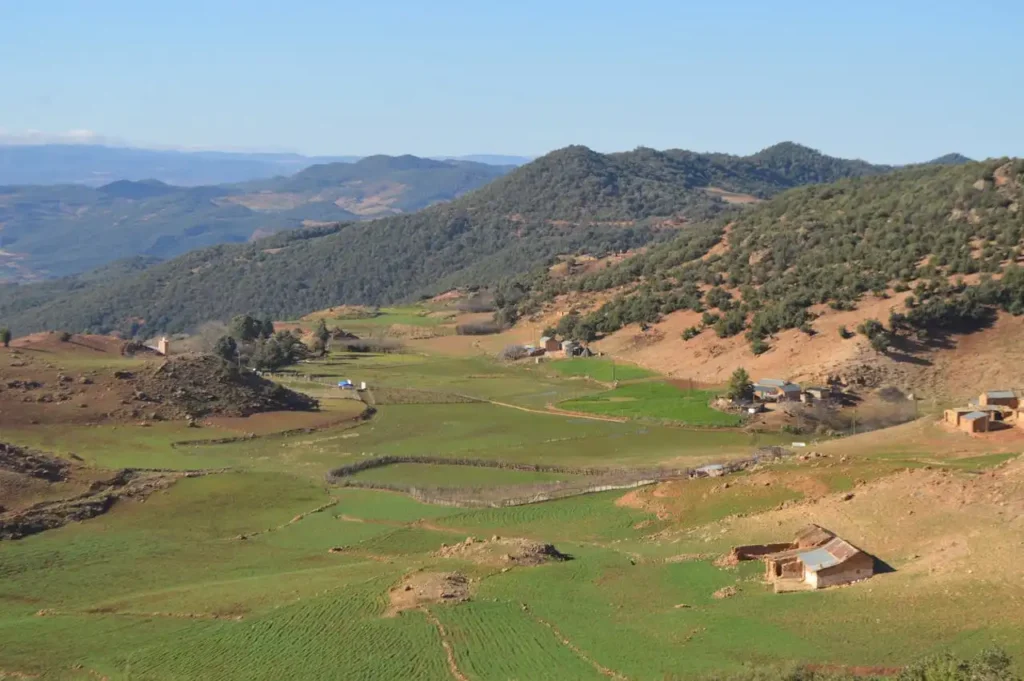 Morocco wine regions landscape showing Atlas Mountains and vineyards
