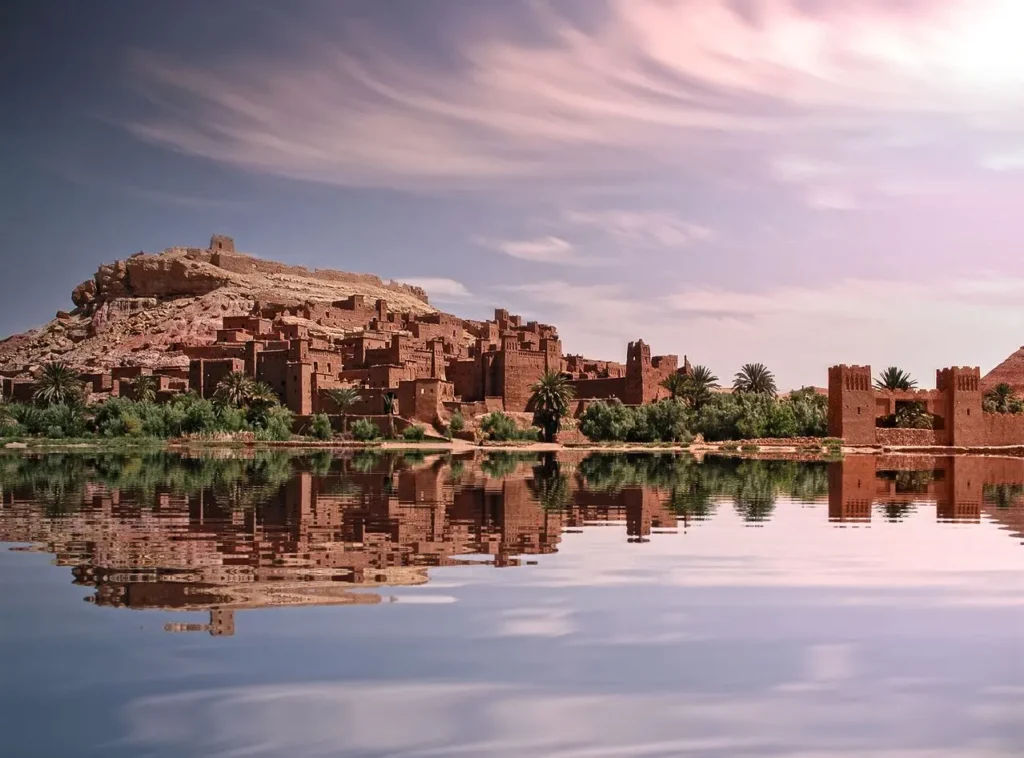 Ait Benhaddou kasbah with Atlas Mountains backdrop on the road to Merzouga
