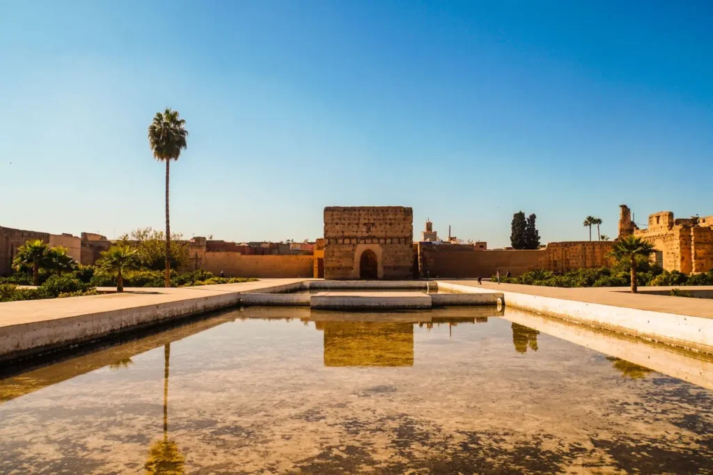 Sunken gardens and reflecting pools at El Badi Palace Marrakech