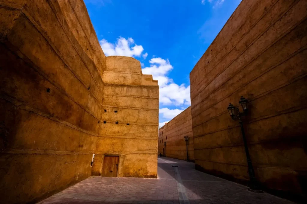 Golden hour light on ancient sandstone walls in Marrakech
