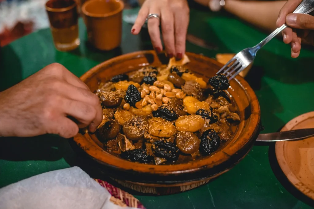 Moroccan tagine and mint tea served at a desert camp in Morocco