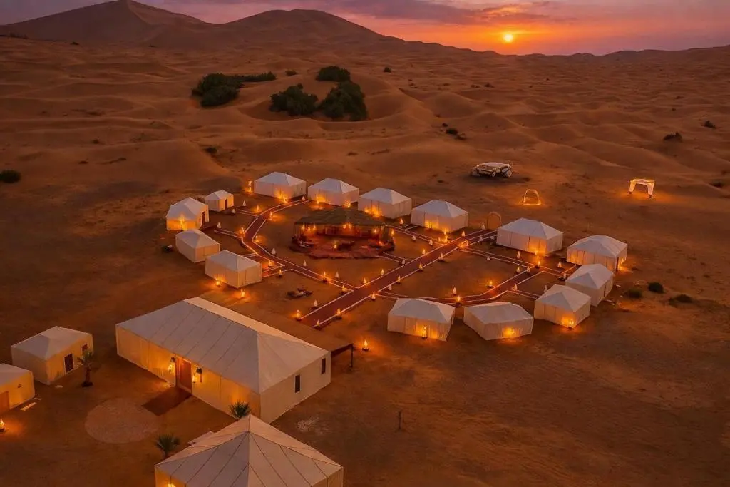Luxury desert camp tents under starry night sky in Sahara Desert Morocco