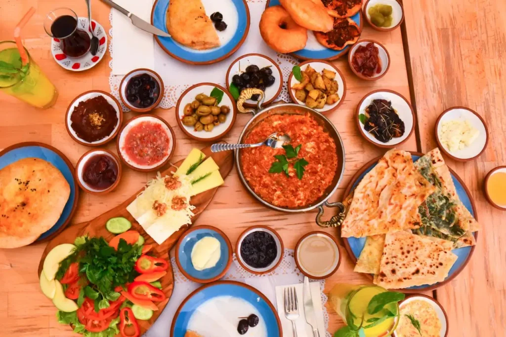 Traditional Berber breakfast spread with mint tea served after a hot air balloon in Marrakech flight