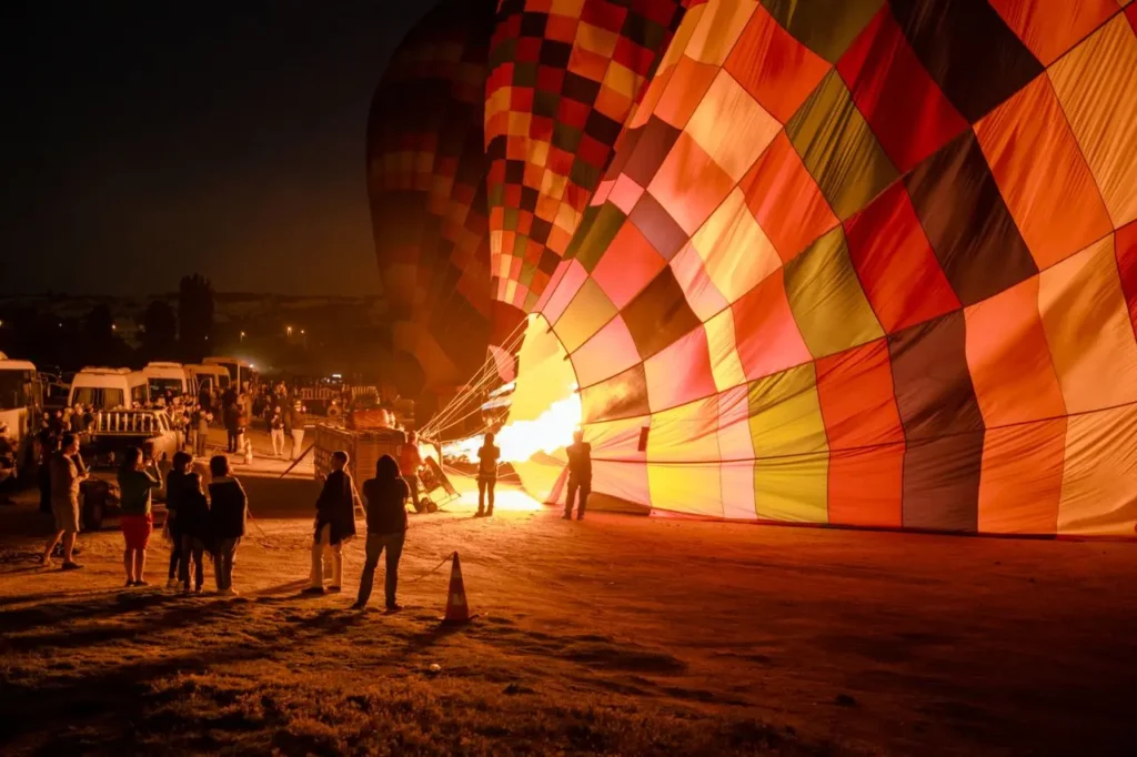 Several hot air balloons in Marrakech inflating at a desert launch site before sunrise